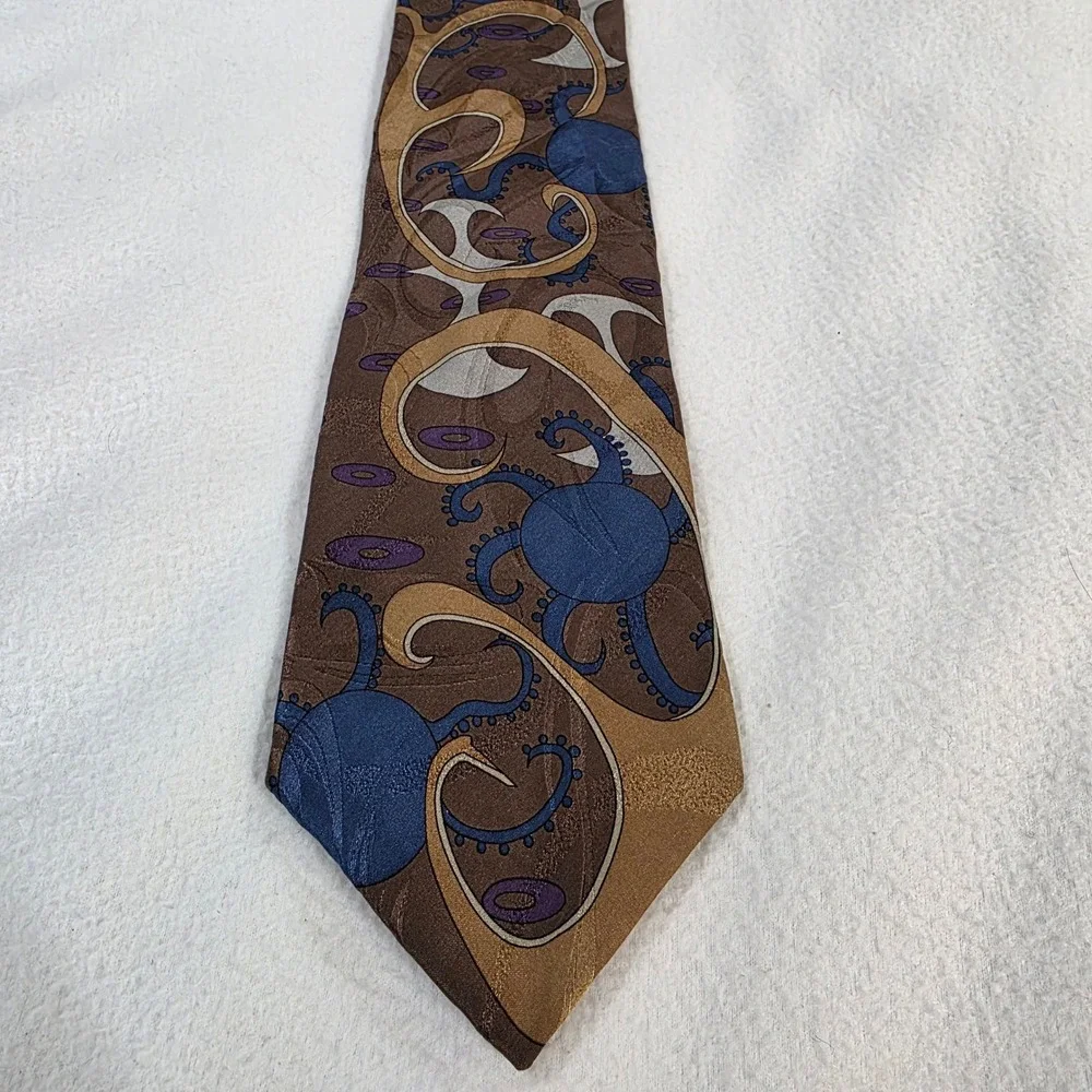 Medina Childrens Service Silk Tie Brown Blue Abstract Tentacle Wide Necktie USA